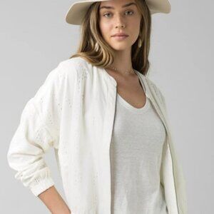 Prana Barlow White Organic Cotton Eyelet Bomber Zipper Jacket Women's Medium M